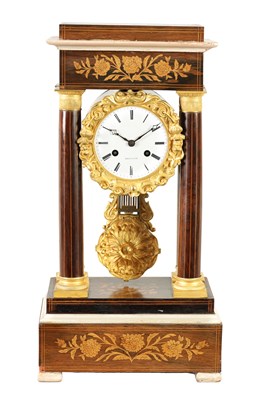 Lot 844 - A 19TH CENTURY FRENCH EMPIRE STYLE INLAID ROSEWOOD PORTICO CLOCK