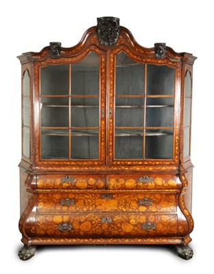 Lot 1310 - A LARGE 18TH CENTURY BOMBE SHAPED DOUBLE DOOR WALNUT AND FLORAL MARQUETRY DUTCH DISPLAY CABINET