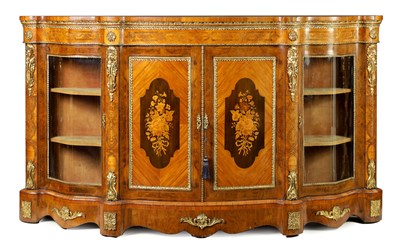 Lot 1445 - A FINE 19TH CENTURY ENGLISH FIGURED WALNUT AND FLORAL MARQUETRY SERPENTINE CREDENZA BY EDWARD & ROBERTS