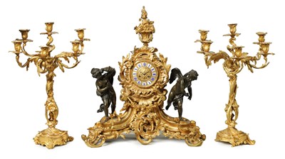 Lot 1145 - A LARGE LATE 19TH CENTURY FRENCH ORMOLU AND PATINATED BRONZE CLOCK GARNITURE
