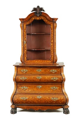 Lot 1388 - AN 18TH CENTURY WALNUT AND DUTCH FLORAL MARQUETRY GLAZED CABINET ON CHEST