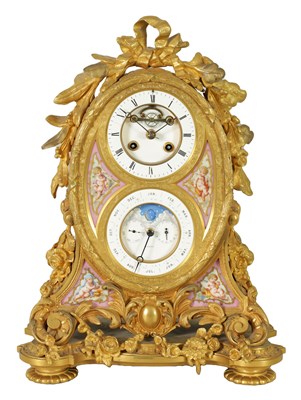 Lot 1238 - A LATE 19TH CENTURY FRENCH ORMOLU AND PORCELAIN PANELLED CALENDAR CLOCK