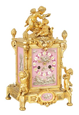 Lot 1294 - A LATE 19TH CENTURY FRENCH ORMOLU AND PORCELAIN PANELLED MANTEL CLOCK