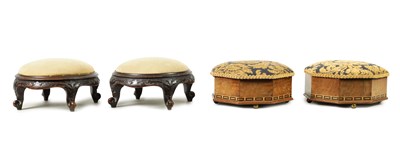 Lot 1449 - A PAIR OF 19TH CENTURY OCTAGONAL SHAPED INLAID WALNUT FOOTSTOOLS