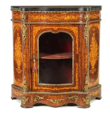 Lot 1409 - A FINE 19TH CENTURY ORMOLU MOUNTED WALNUT AND FLORAL MARQUETRY INLAID SERPENTINE SIDE CABINET