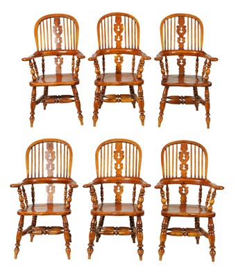 Lot 1327 - A SET OF SIX 19TH CENTURY STYLE ASH AND ELM BROAD ARM WINDSOR CHAIRS