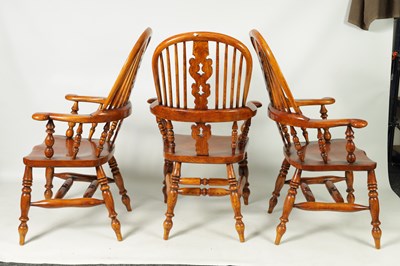 Lot 1327 - A SET OF SIX 19TH CENTURY STYLE ASH AND ELM BROAD ARM WINDSOR CHAIRS