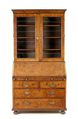 Lot 1431 - A LATE 17TH/ EARLY 18TH CENTURY HERRING-BANDED BURR WALNUT BUREAU BOOKCASE