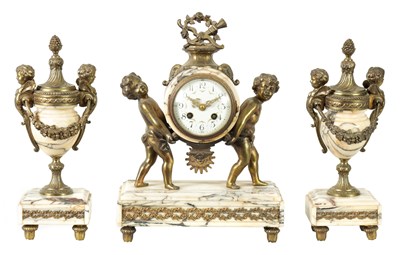 Lot 1218 - A LATE 19TH CENTURY ORMOLU AND VEINED MARBLE CLOCK GARNITURE