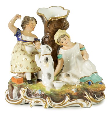 Lot 107 - AN EARLY 19TH CENTURY MINTON FIGURE GROUP DEPICTING CHILDREN FEEDING PETS