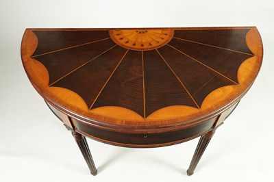 Lot 1338 - A GEORGE III  HAREWOOD, SATINWOOD AND KINGWOOD INLAID DEMI LUNE CARD TABLE