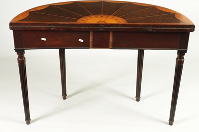 Lot 1338 - A GEORGE III  HAREWOOD, SATINWOOD AND KINGWOOD INLAID DEMI LUNE CARD TABLE