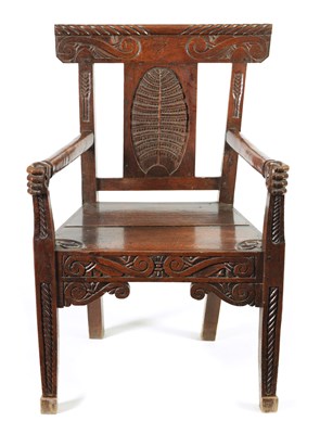 Lot 1384 - AN UNUSUAL EARLY 18TH CENTURY OAK ARMCHAIR