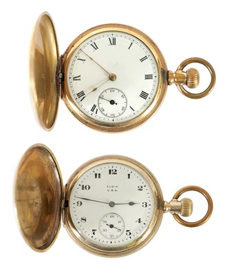 Lot 475 - TWO ELGIN FULL HUNTER GOLD PLATED POCKET WATCHES