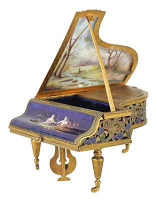 Lot 918 - A LATE 19TH CENTURY FRENCH MUSICAL ORMOLU AND ENAMEL JEWELLERY BOX IN THE FORM OF A GRAND PIANO