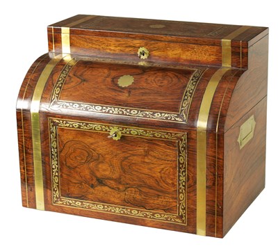 Lot 750 - A LARGE REGENCY BRASS INLAID ROSEWOOD COMBINATION TANTALUS AND TEA CADDY