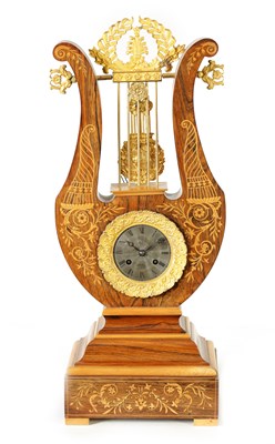 Lot 1138 - A MID 19TH CENTURY ROSEWOOD MARQUETRY AND ORMOLU LYRE SHAPED MYSTERY CLOCK