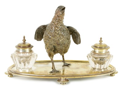 Lot 867 - A LATE 19TH CENTURY AUSTRIAN COLD PAINTED BRONZE AND SILVERED BRASS INKWELL