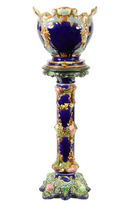 Lot 148 - A 19TH CENTURY CONTINENTAL MAJOLICA PEDESTAL JARDINIERE