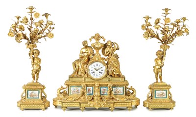 Lot 1125 - BALTHAZARD, PARIS. A LARGE LATE 19TH CENTURY ORMOLU AND PORCELAIN PANELLED CLOCK GARNITURE