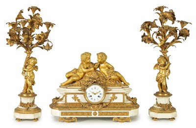 Lot 1309 - A LATE 19TH CENTURY ORMOLU AND WHITE MARBLE CLOCK GARNITURE