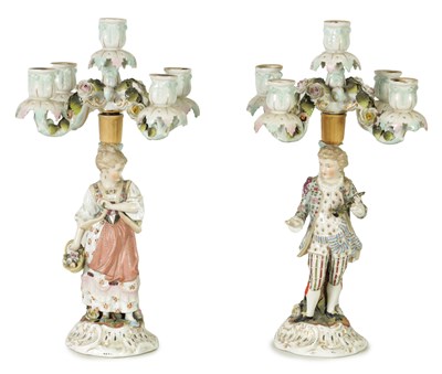 Lot 153 - A PAIR OF 19TH CENTURY FIGURAL DRESDEN STYLE PORCELAIN CANDELABRA