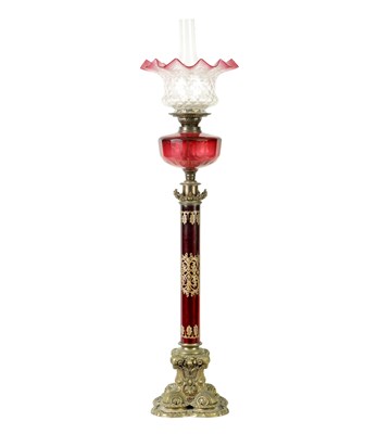 Lot 836 - A FINE 19TH CENTURY FRENCH BRASS AND RUBY GLASS OIL LAMP OF LARGE SIZE