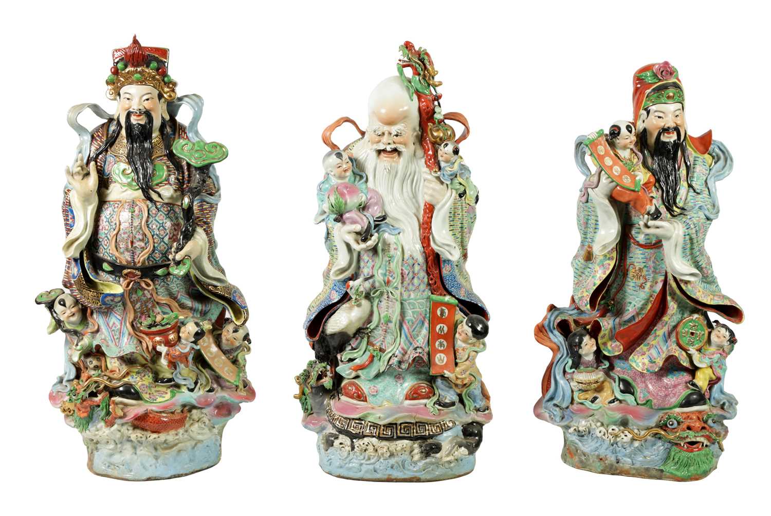 Lot 340 - A MASSIVE GARNITURE OF THREE CHINESE REPUBLIC SAGE STANDING FIGURES
