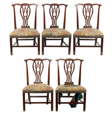 Lot 1442 - A SET OF FIVE MID-18TH CENTURY MAHOGANY CHIPPENDALE-STYLE DINING CHAIRS