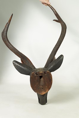 Lot 923 - A LATE 19TH CENTURY CARVED WOODEN SAMBA DEERS HEAD