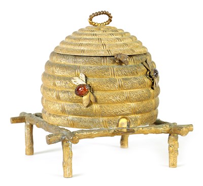 Lot 866 - AN UNUSUAL LATE 19TH CENTURY GILT BRASS BEEHIVE SEWING BOX