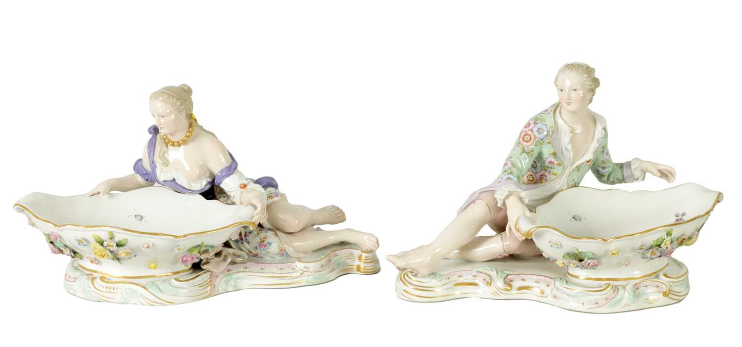 Lot 85 - A PAIR OF LATE 19TH CENTURY MEISSEN PORCELAIN FIGURAL SWEETMEAT DISHES