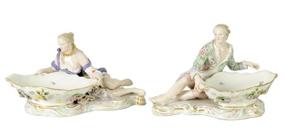 Lot A PAIR OF LATE 19TH CENTURY MEISSEN PORCELAIN FIGURAL SWEETMEAT DISHES