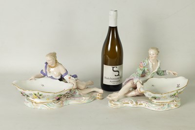 Lot 85 - A PAIR OF LATE 19TH CENTURY MEISSEN PORCELAIN FIGURAL SWEETMEAT DISHES