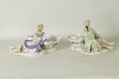 Lot 85 - A PAIR OF LATE 19TH CENTURY MEISSEN PORCELAIN FIGURAL SWEETMEAT DISHES