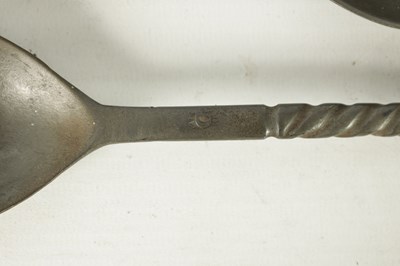 Lot 729 - A RARE SET OF FOUR EARLY 18TH CENTURY PEWTER SPOONS