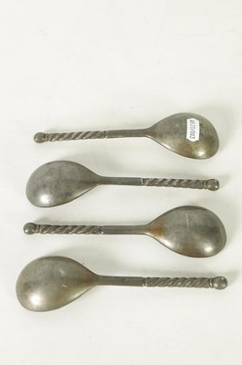 Lot 729 - A RARE SET OF FOUR EARLY 18TH CENTURY PEWTER SPOONS