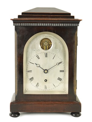 Lot 1287 - BETHEL JACOBS, No. 7 WHITEFRIARGATE HULL. A GOOD EARLY 19TH CENTURY EBONISED CHAMFER TOP MANTEL/LIBRARY CLOCK