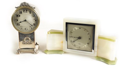 Lot 850 - AN ONYX MANTEL CLOCK BY ELLIOTT, AND AN ARTS AND CRAFTS MANTEL CLOCK