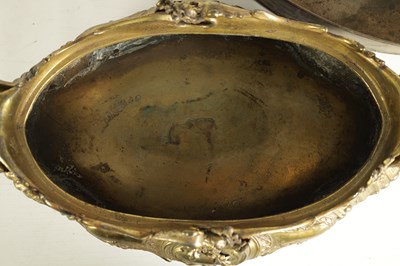 Lot 609 - A 19TH CENTURY FRENCH CAST GILT METAL RECOCO STYLE OVAL TWO-HANDLED SHALLOW JARDINERE AND LINER