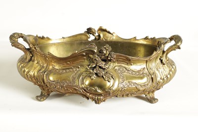 Lot 609 - A 19TH CENTURY FRENCH CAST GILT METAL RECOCO STYLE OVAL TWO-HANDLED SHALLOW JARDINERE AND LINER