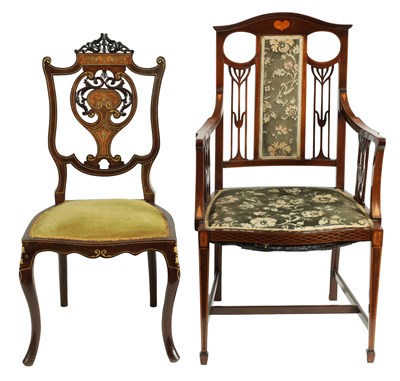 Lot 980 - AN EDWARDIAN INLAID MAHOGANY ART NOUVEAU STYLE ARMCHAIR