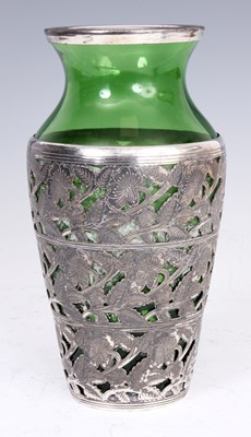 Lot 152 - AN ART NOUVEAU GREEN GLASS AND SILVER MOUNTED...