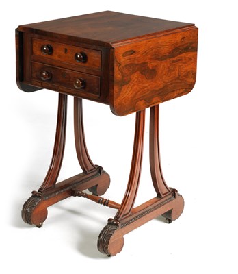 Lot 967 - AN EARLY 19TH CENTURY FIGURED ROSEWOOD WORK TABLE