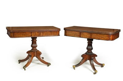 Lot 969 - A MATCHED PAIR OF REGENCY FLAME MAHOGANY TEA TABLES