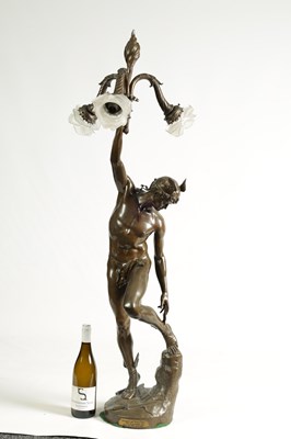 Lot 600 - AFTER RAYMOND SUDRE, PARIS. A LARGE EARLY 20TH CENTURY PATINATED BRONZE FIGURAL LAMP