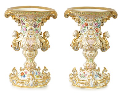 Lot 96 - A DECORATIVE PAIR OF LATE 19TH CENTURY CONTINENTAL DRESDEN STYLE URN SHAPED VASES