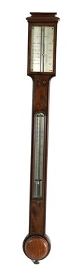 Lot 870 - J. BEDWELL, LONDON. A REGENCY FIGURED MAHOGANY STICK BAROMETER