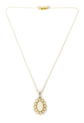 Lot 408 - A 14CT GOLD OPAL AND PEARL PENDANT AND CHAIN