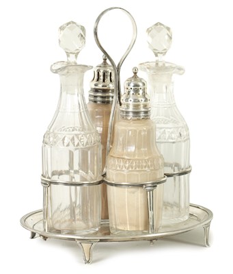 Lot 543 - A GEORGE III SILVER FOUR BOTTLE CRUET STAND